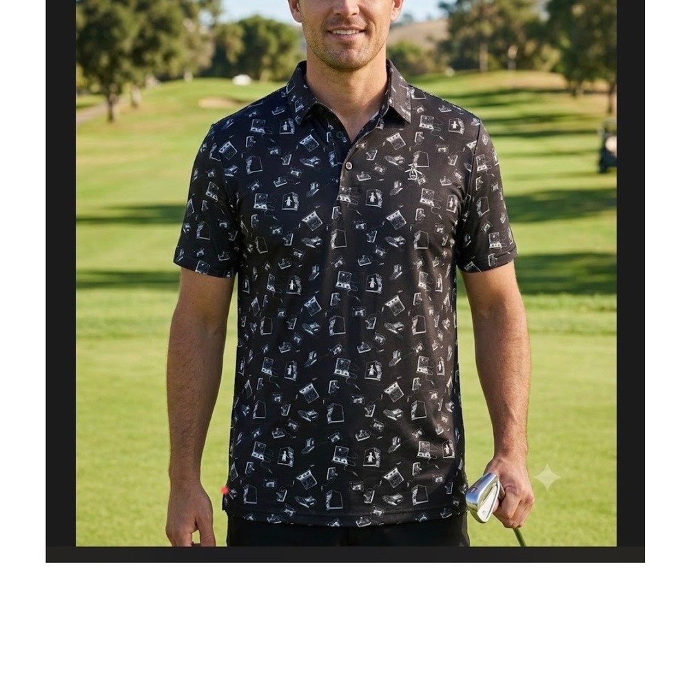 Original Penguin Mens Retro Gaming Arcade Print Golf Polo Shirt Black Medium NWT